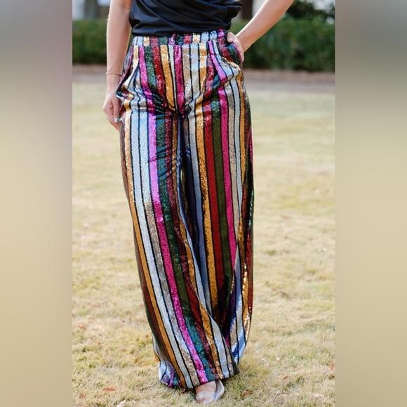 Multicolor Sequin Striped Wide Leg Pants NWT - Picture 2 of 8